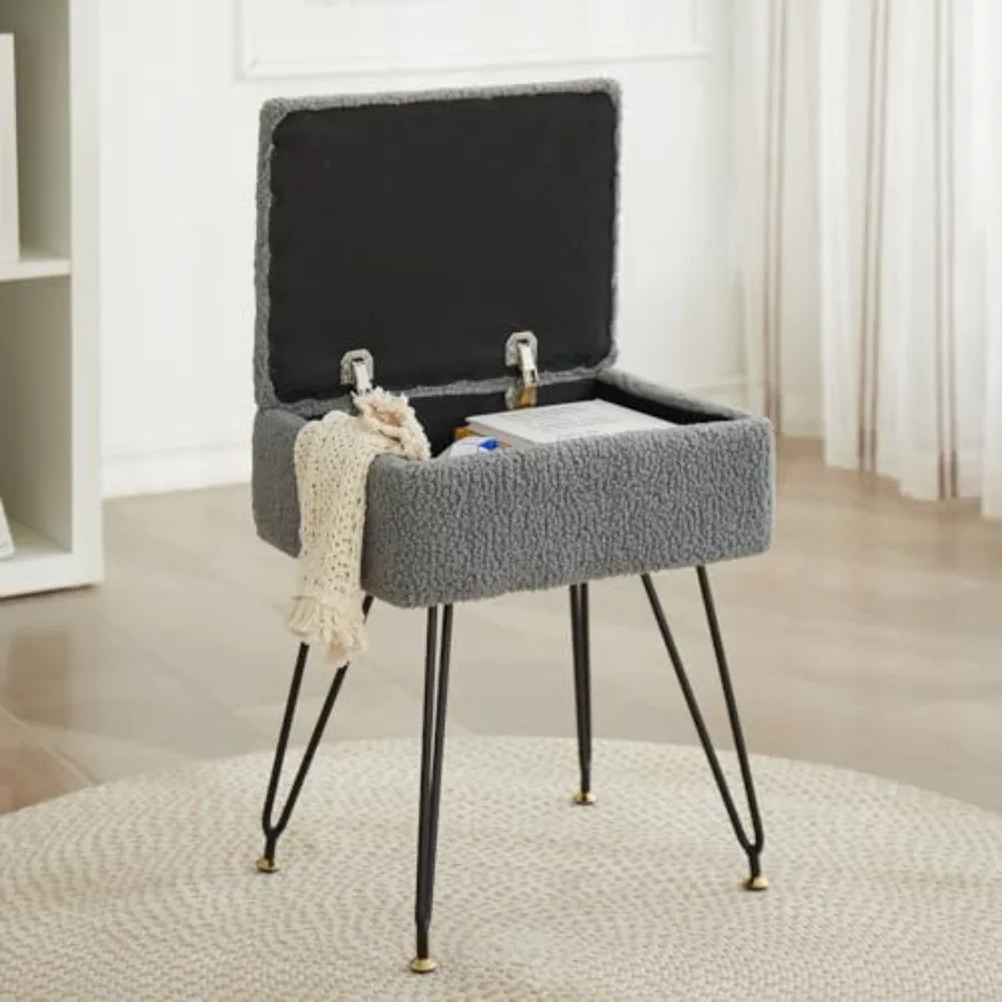 

Vanity Stool Chair Faux Teddy Fur Ottoman Feet Stool with Metal Legs and Adjustable Feet Flip Top Storage Makeup Stool with Sof