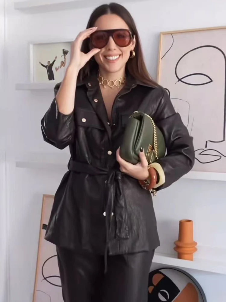 TFMLN المرأة حزام فو سترات من الجلد كم طويل التلبيب بولي Leather سترة جلدية الخريف موضة الصلبة معاطف الموضة الإناث الشارع الشهير #2