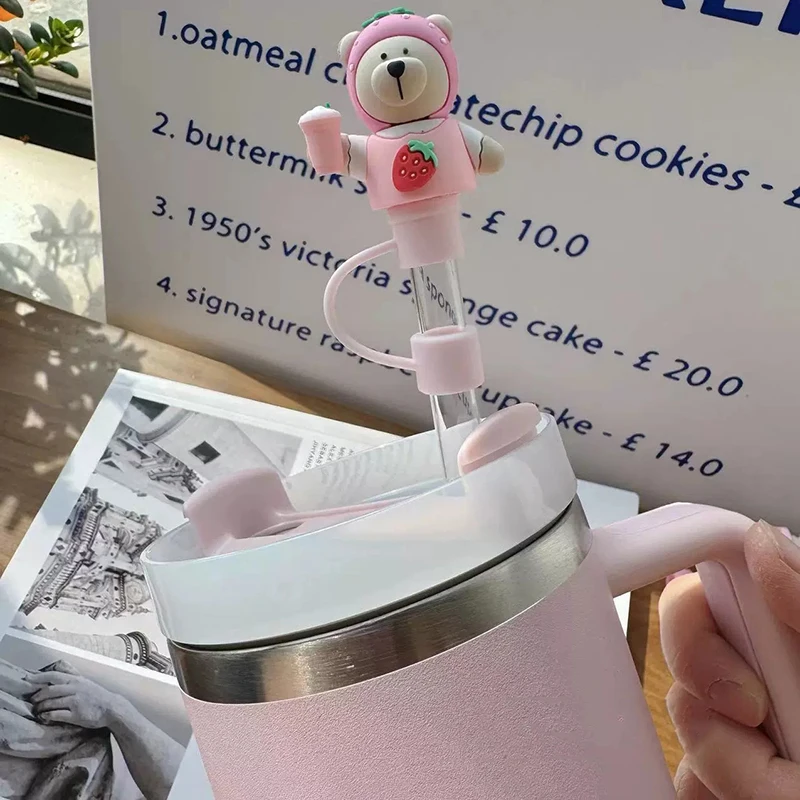 Cute Bear Straw Cover Caps For Stanley Cups Kawaii 10mm Straw Toppers For Tumbler Silicone Dust-Proof Creative Straw Tip Cover