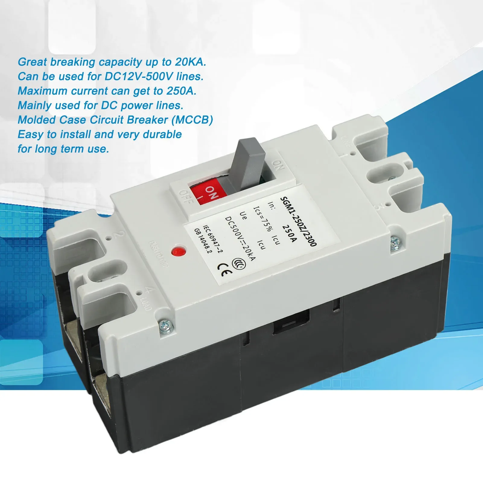 250A 2P DC Circuit Breaker MCCB 500V Solar Battery Protection Switch Isolator for 12-48V Photovoltaic Wind Power System
