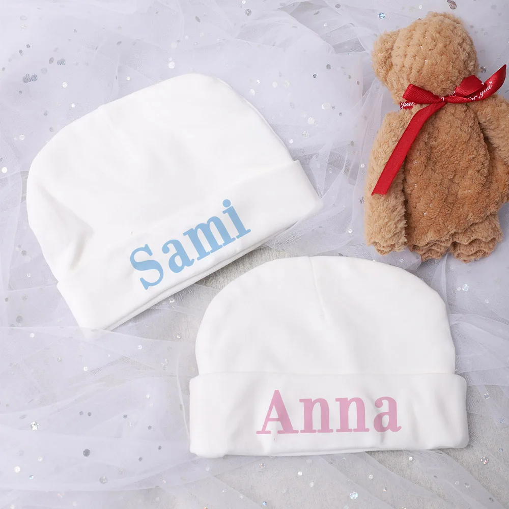 Personalize Baby Beanies Caps Newborn Hospital Hat Monogram Infant Cotton Windproof Hats Custom Name Headwear Baby Shower Gifts