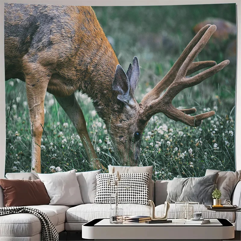 Deer Grazing in Wildflower Meadow Wall Tapestry Machine Washable All Season Decor Print Home Enhance spatial aesthetics