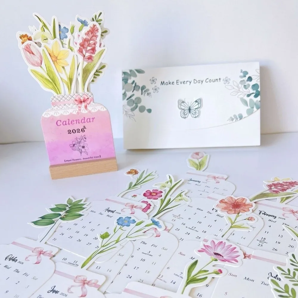 Exquisite Wooden Stand Flowers Desk Calendar Card Insert Traditional Mini Desk Calendar Paper Craft Standing Desk Calendar Home