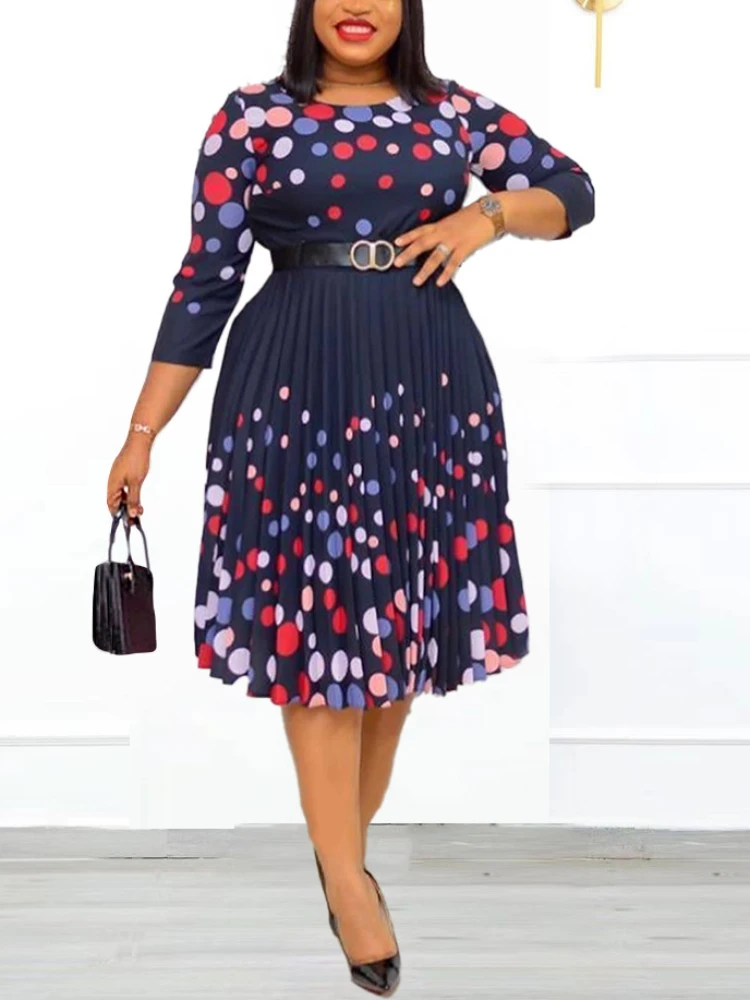 Elegant Printed Polka Dot Women Office Dress O Neck Midi With Waist Belt Pleated A-line Clothing Formal Event Work Wear Robe New