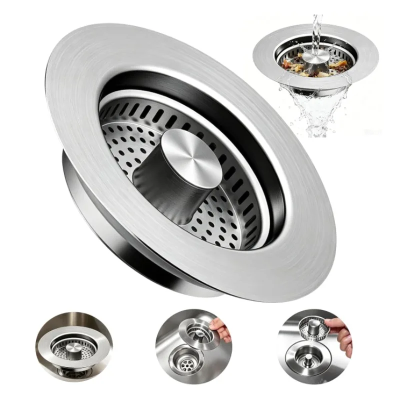 Upgraded 3-in-1 Pop-Up Kitchen Sink Drain Strainer Stopper Anti-Clogging Food Catcher Basket Bounce Core Drain Strainer Plug