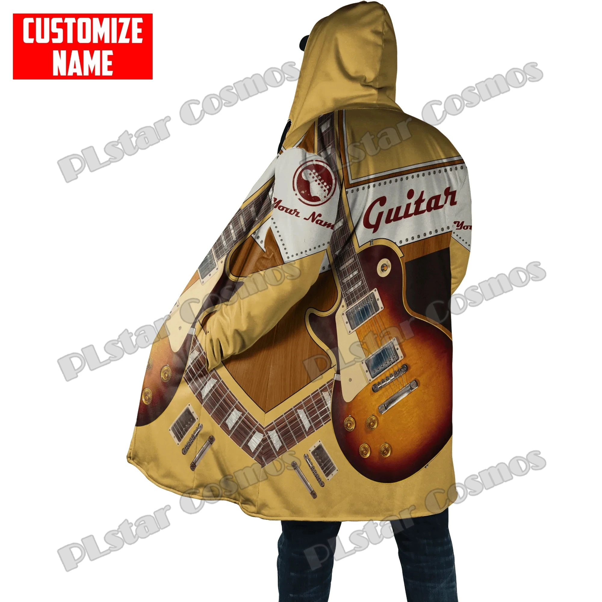 PLstar Cosmos Personalized Name Guitar 3D All Over Printed Men's Hooded Cloak Winter Unisex Fleece Warm Coat Overcoat DMT08