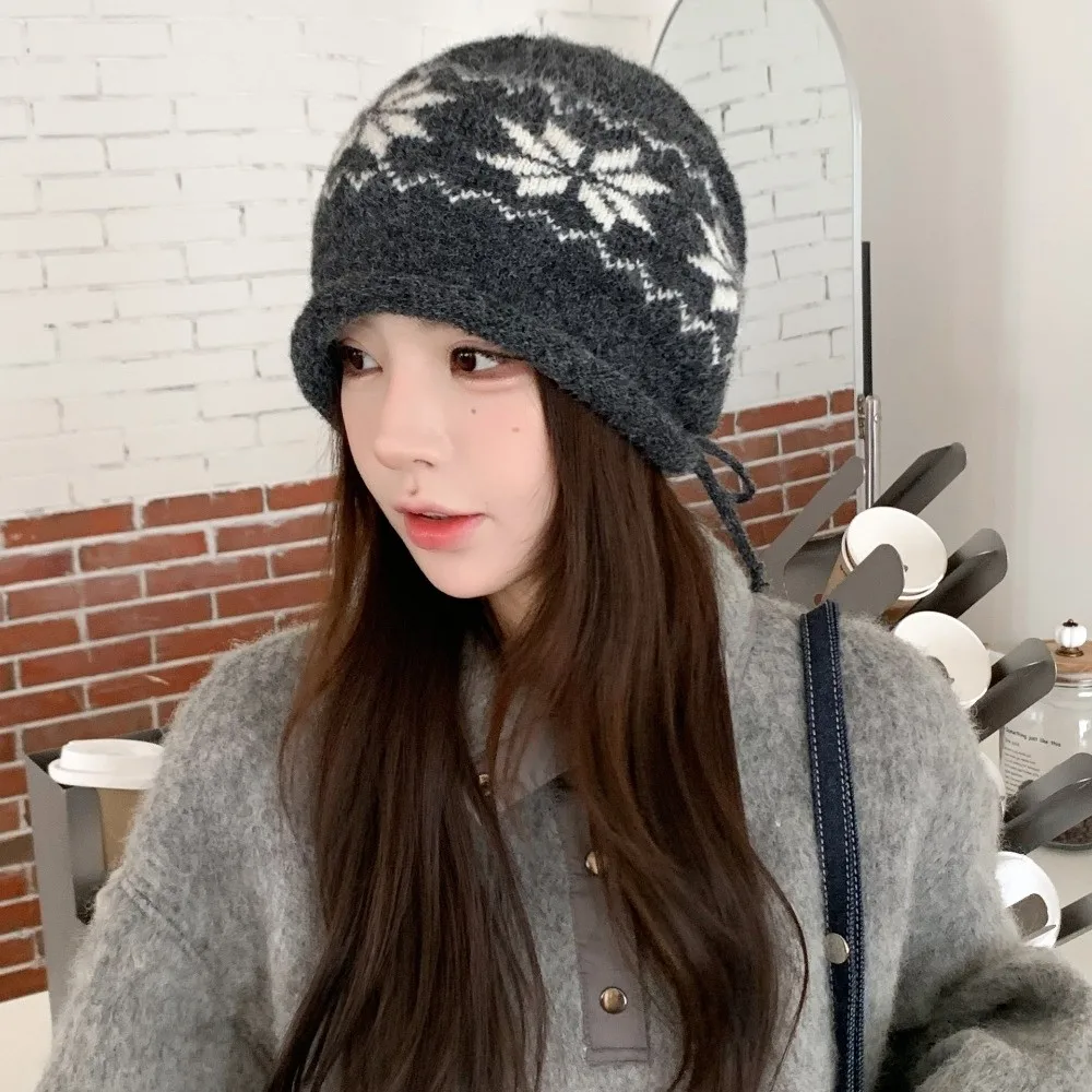 Fashion Drawstring Knitted Hat Snowflake Printed Keep Warm Beanies Hat Winter Hat Winter