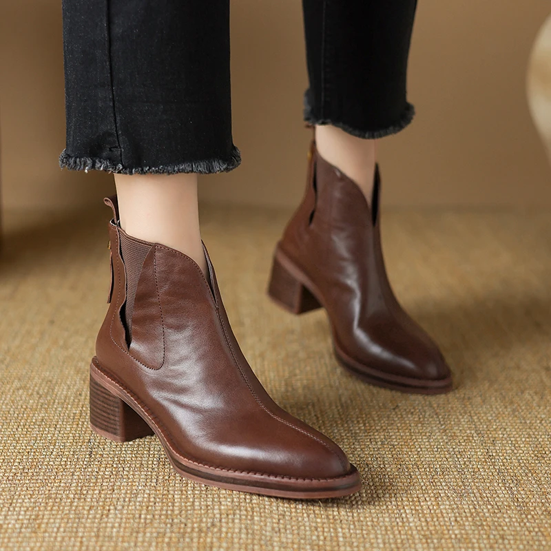 2024 Autumn Women Boots Genuine Leather Shoes for Women Pointed Toe Chunky Heel Shoes Slip-on Ankle Boots Handmade Western Boots