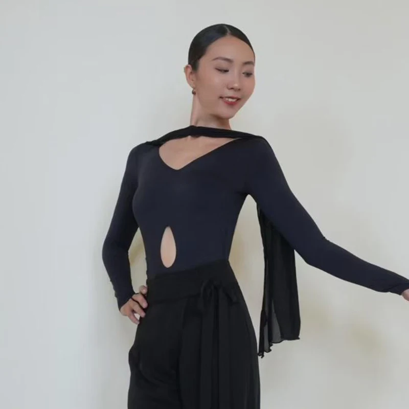 긴 소매 볼룸 댄스 탑 여성 라틴 댄스 연습 의류 레오파드 블랙 브이넥 백리스 바디수트 댄스웨어 BL18287