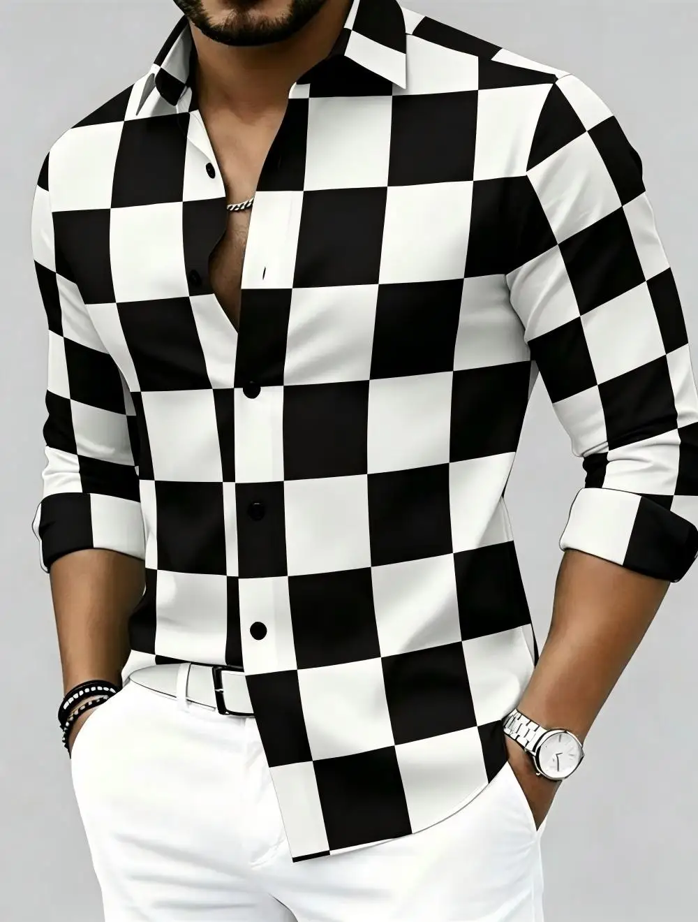 Men's patterned checkered shirt, long sleeved button up shirt, casual, comfortable, outdoor vacation, streetwear, holiday