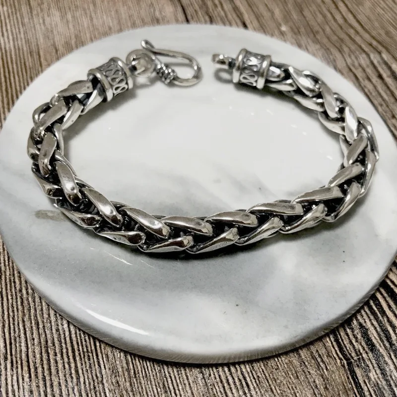 

Real Solid 925 Sterling Silver Chain Men Lucky Width 8mm Wheat Braided Bracelet 31g/21cm