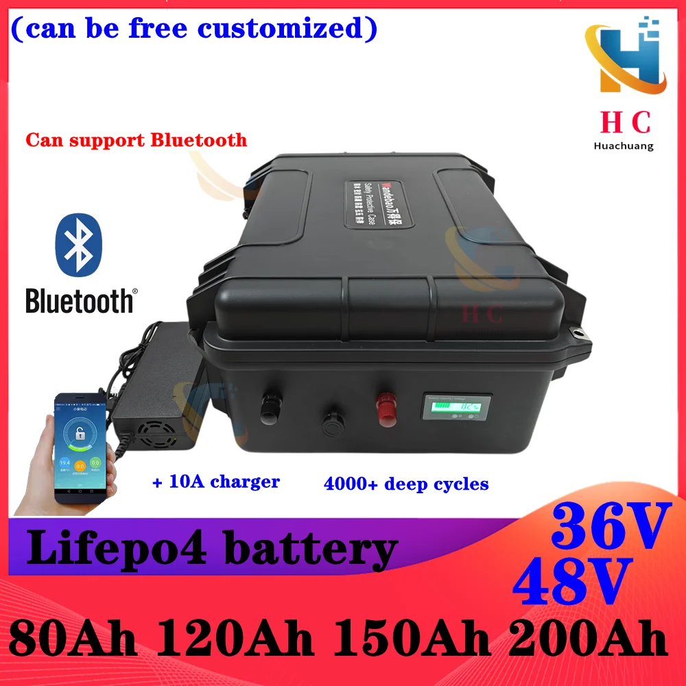 waterproof 48V 100Ah 200Ah 36V 100AH 150Ah lifepo4 lithium battery bluetooth APP for 5000w golf cart Tricycle + 10A charger