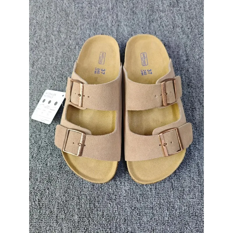 Vintage Style Unisex Double Buckle Flat Beach Slide Sandals with Cork Insole – Casual Comfort for Summer