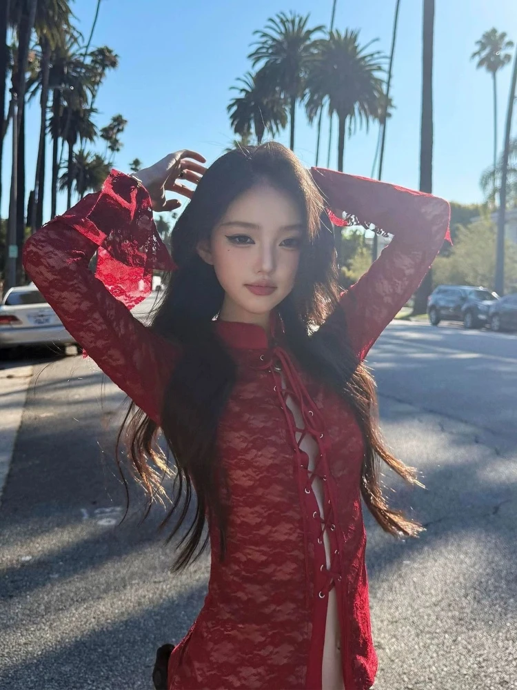 Y2K 감성 레이스 자카드 여성 블라우스 스트리트웨어 섹시한 홀로우 아웃 밴디지 그런지 셔츠 하라주쿠 시스루 빈티지 블루사