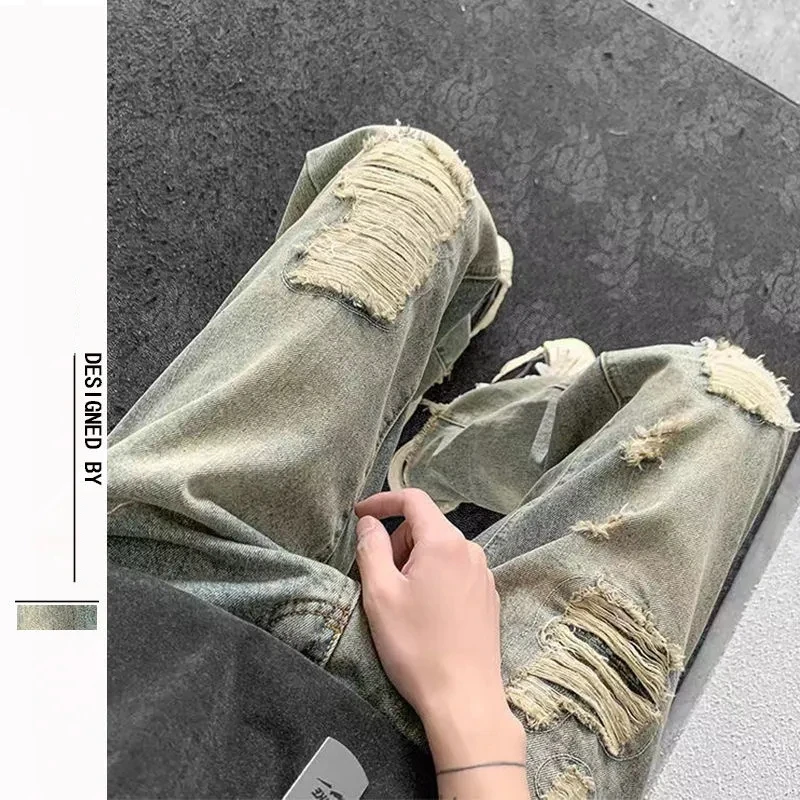 Hip-hop Wide-leg Pants Summer High Street Ripped Jeans Men And Women Thin Loose Casual Fashion Straight Old Craft Pants