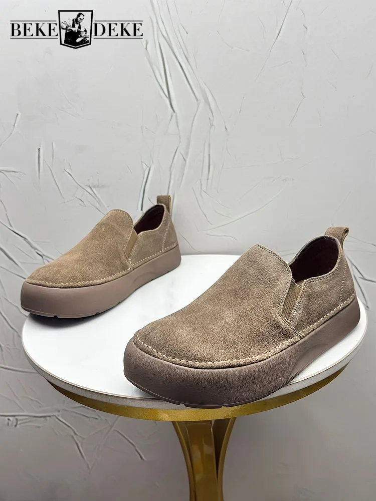 Male Hard Wearing Distressed Casual Shoes Solid Color Square Toe Cross Tied Platform Business Men Footwear