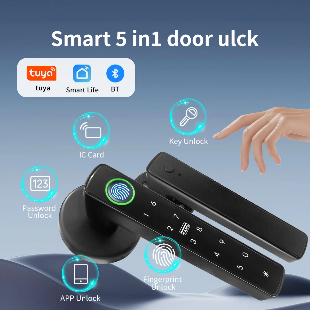 Tuya Smart Door Lock 5 in 1 Electronic Lock Fingerprint Password Key Card Smart Home APP Unlock Suitable For Apartment Hotel