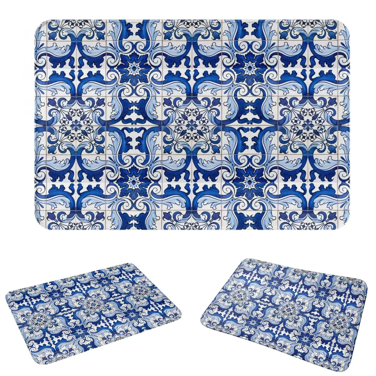 Antique Classic Lisbon Blue Azulejo Tile Floral Pattern Non-slip Doormat Water oil proof Carpet Rug for Kitchen Entrance Home
