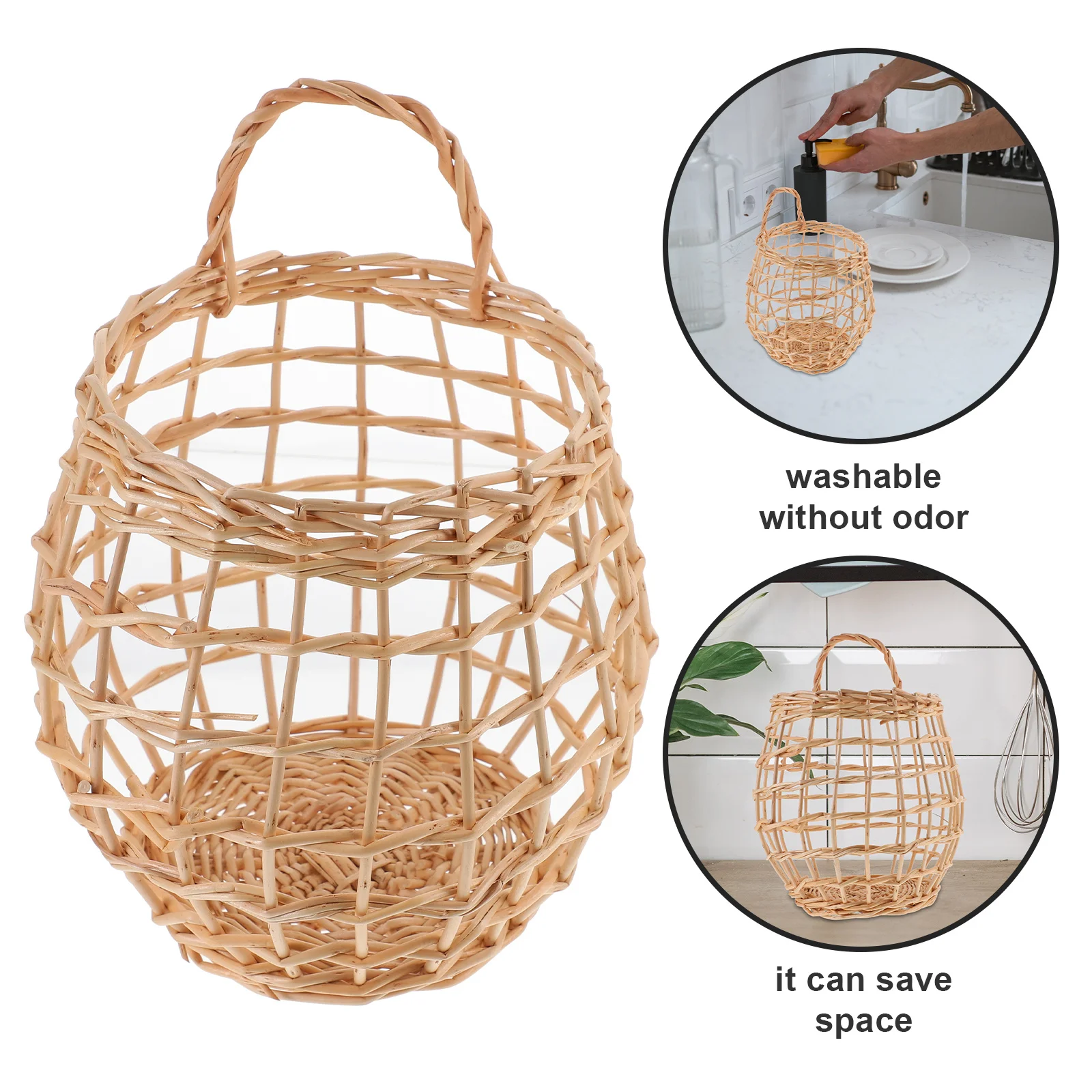 

1Pcs Rattan Woven Hollow Kitchen Basket Hanging Wall Mount Storage Garlic Egg Basket Hanging Baskets Egg Organizer