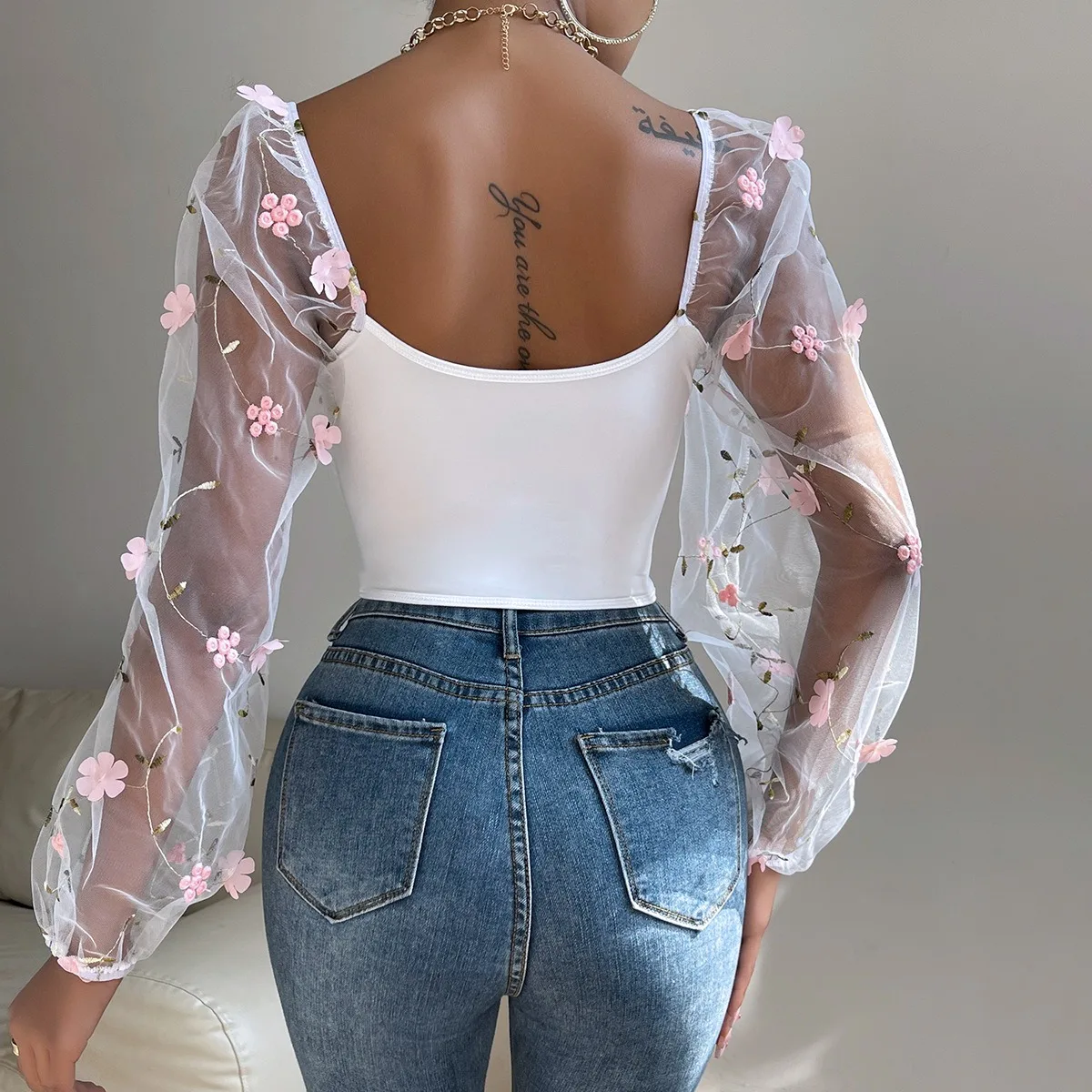 Woman clothing Sexy Mesh Long Sleeve Corset T-shirt Blouses See-through Embroidery Flowers Double Fishbone Top Corset Clothing