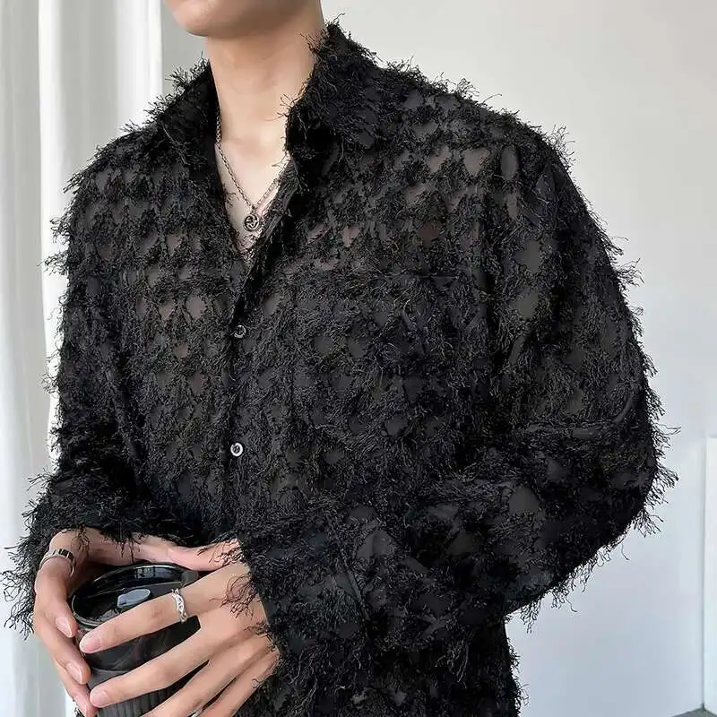 LUZHEN Sleeve Shirt Spring 2025 Trendy Men\'s Casual Long Solid Color Elegant Splicing Tassel Niche Design Fashion Tops 65aae1