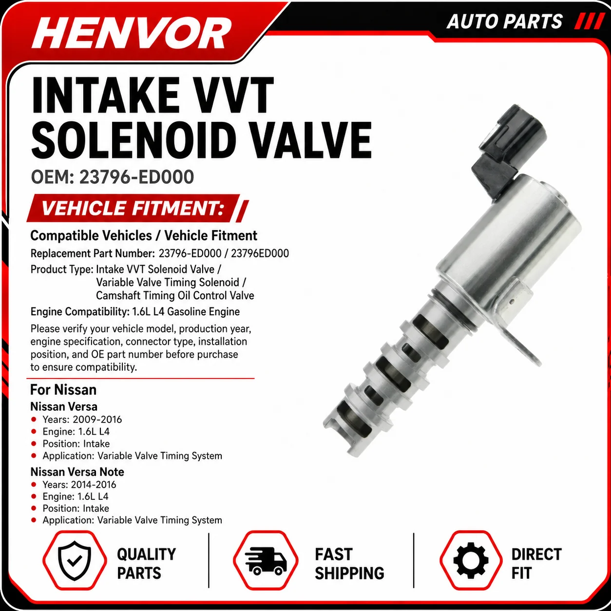 23796-ED000 Intake VVT Solenoid Camshaft Timing Oil Control Valve for Nissan Versa Versa Note 1.6L 2009-2016