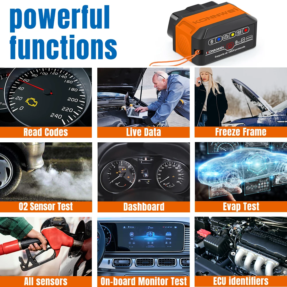 KONNWEI KW906 Bluetooth 5.2 OBD2 Scanners ELM327 V1.5 OBDII Fault Diagnostic Tool for Android/IOS Code Reader