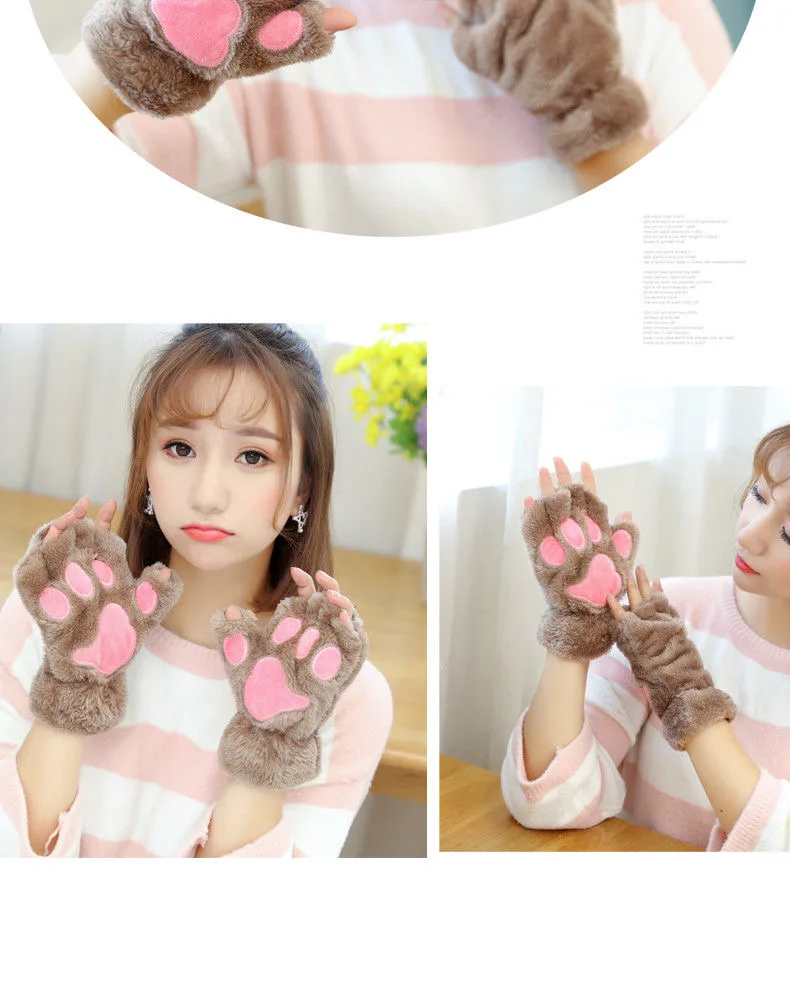 Cute Cat Claw Gloves Women Thermal Half Finger Kawaii Lady Velvet Thick Winter Cartoon Halter String Student Gloves
