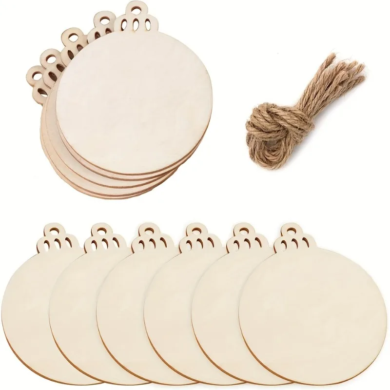 10PCS Unfinished Predrilled Wood Slices, Round Blank Discs With Natural Twine, For DIY Crafts, Christmas Party Decorations