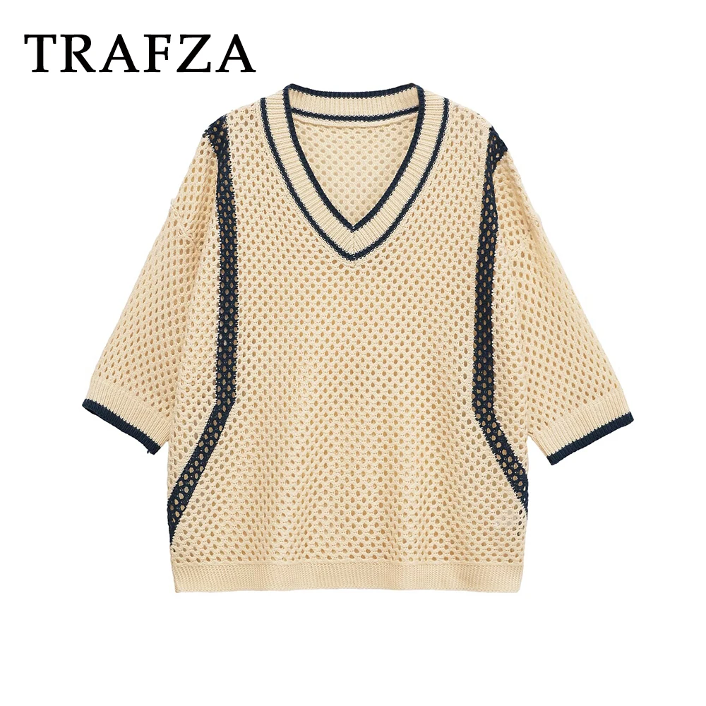 

TRAFZA Chic Knitted Line Women Sweater Vintage V-Neck Fashion 2025 Top Loose Casual Hollow Out Elegant Female Elegant Knitwear