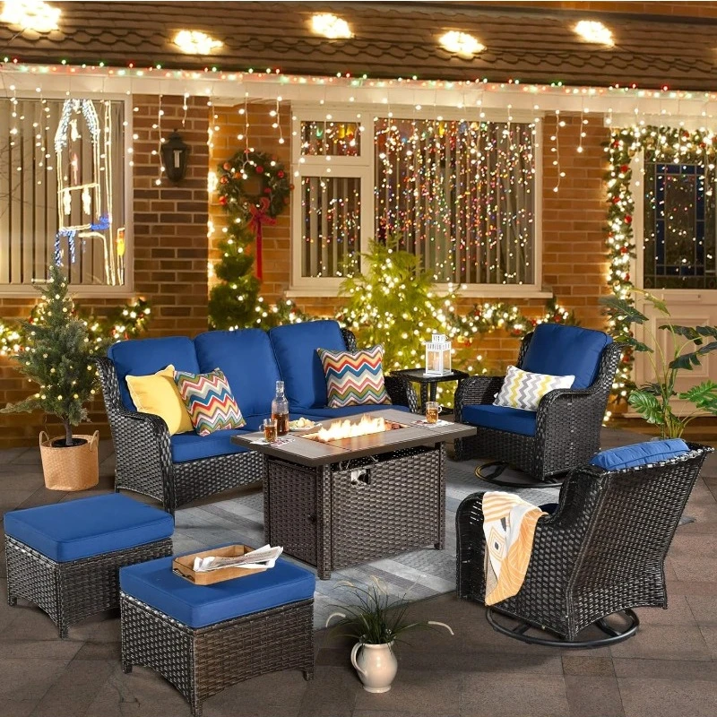 

Patio Furniture Sets Outdoor Swivel Rocking Chairs with 50,000 BTU Propane Fire Pit Table 7 Pieces All Weather PE Wicker