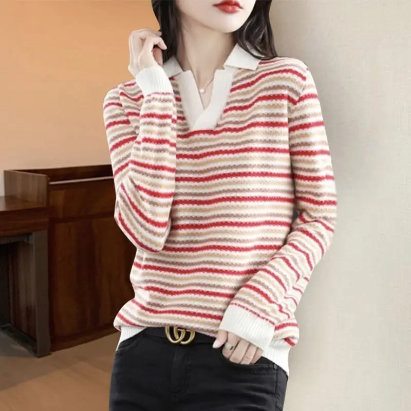 Spring Autumn POLO Collar Bottom Shirt for Women Korean Trendy Small V-neck New Stripe Printed Long Sleeve Pullover Sweaters