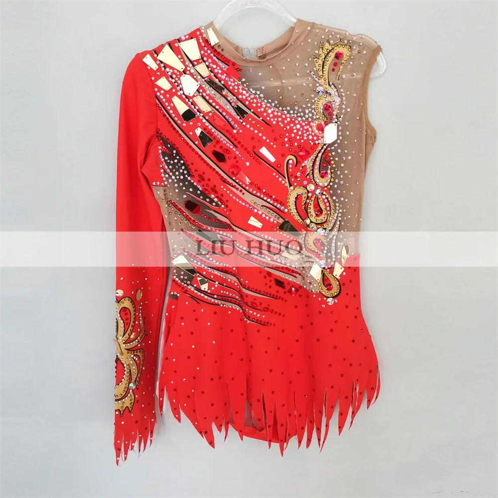 

LIUHUO Customize Women Girl Costume Performance Rhythmic Gymnastics Leotards Competition Skating Dress Single Sleeve Red Teens
