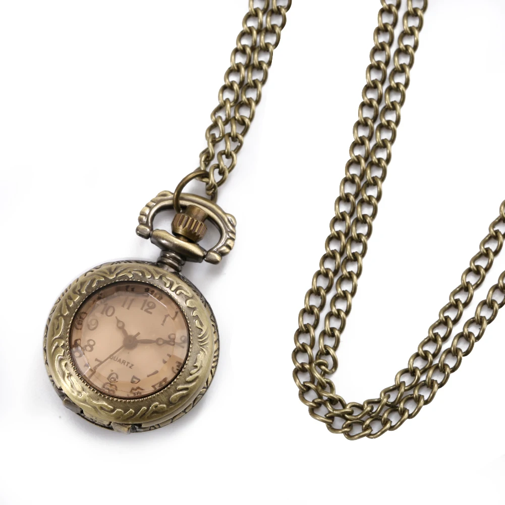 Bronze Brown Glass Small Size Quartz Pocket Watch With Sweater Necklace Chain For Women Girls