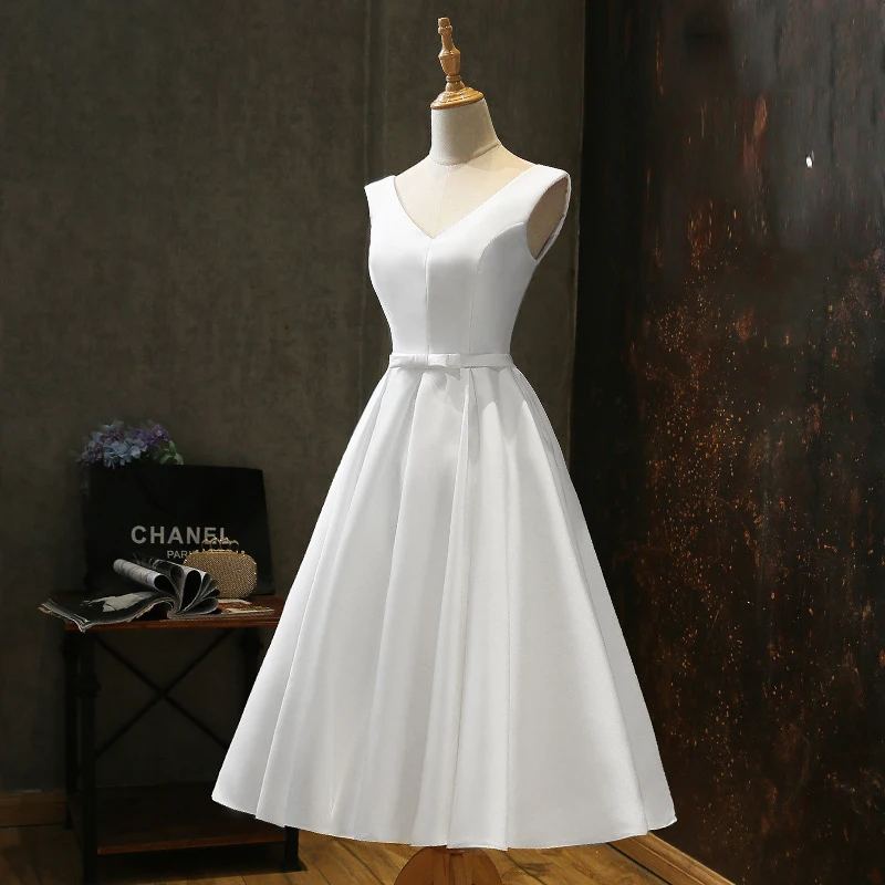 Sexy V Neck White Satin Midi Bride Dress Summer Elegant Prom Evening Wedding Bridesmaid Guest Long Party Dresses for Women 2023