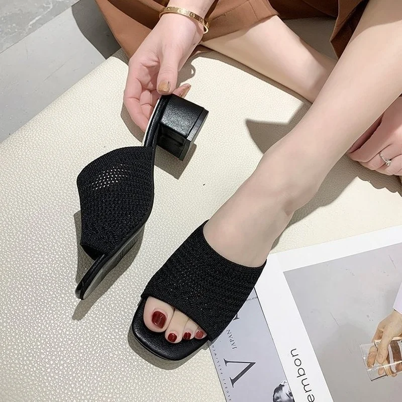 

2022 Summer Knitting Women Slippers Thick Heel Middle Heel Sandals Stretch Beige Black Women's Shoes Sexy Fashion Slides Female