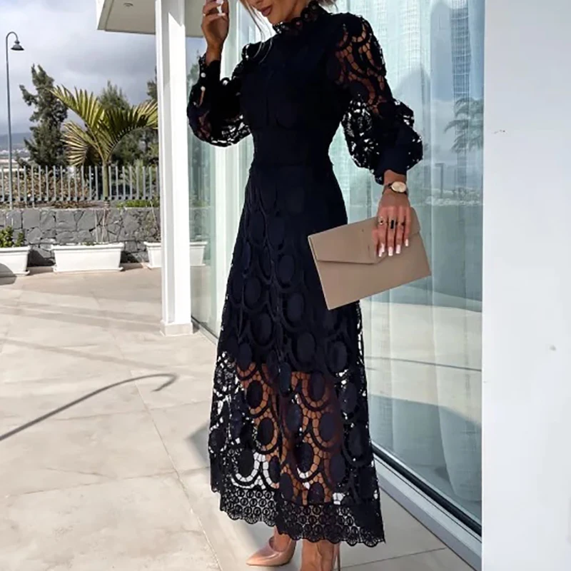 Lady Sexy Hollow Lantern Sleeve Party Dress Elegant Half High Collar Solid Slim Dress 2023 New Spring Lace Embroidery Long Dress