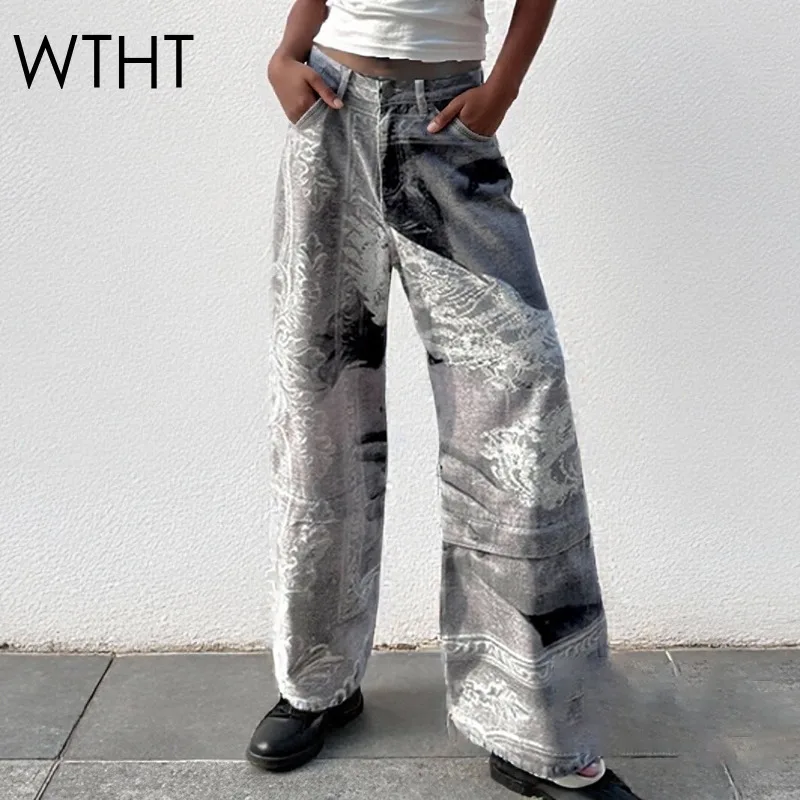 WTHT moda mujer diseño de impresión Irregular pantalones casuales 2025 otoño moda Pantalones rectos de cintura alta Mujer 1LS2526