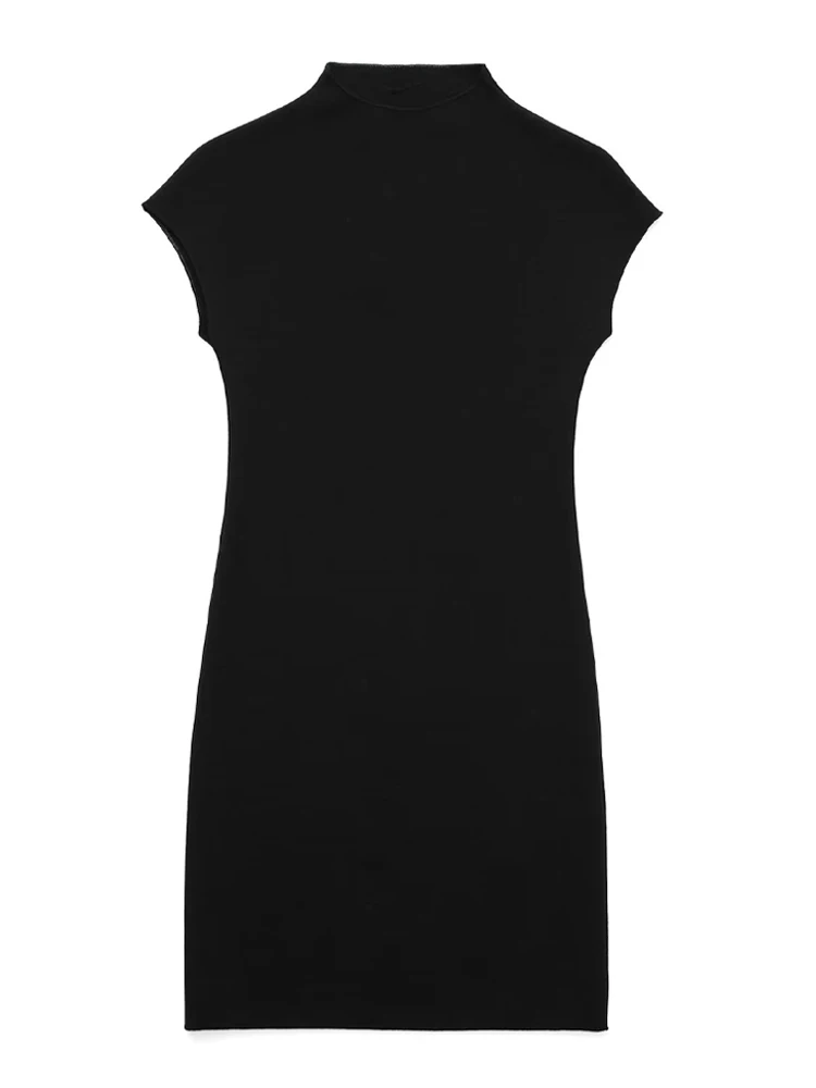 TRZA Damesmode stretch gebreide mini-jurk Vintage hoge hals mouwloze vrouwelijke jurken vestidos mujer