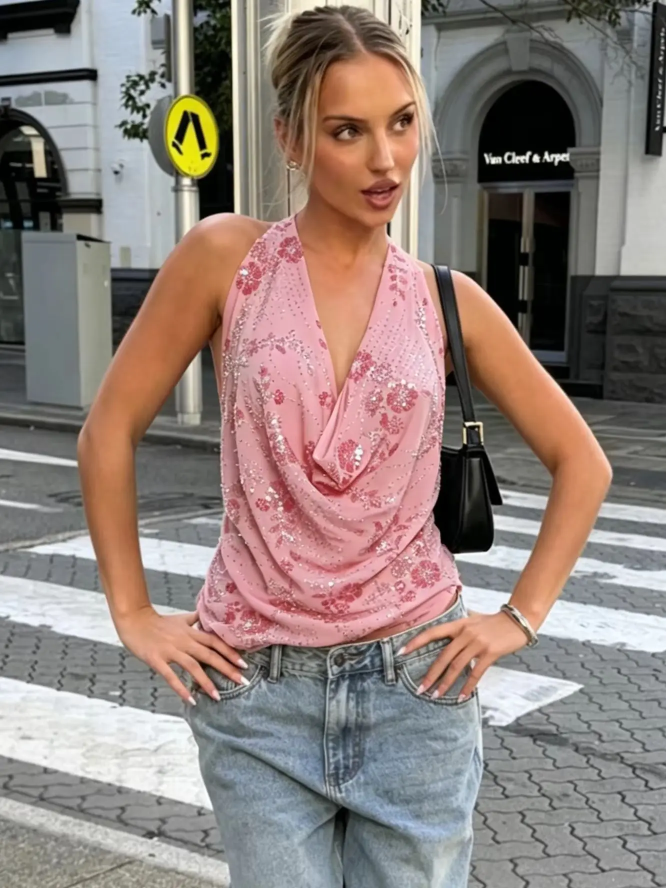 

Sisterlinda Halter Tank Top Women Party Vacation Sequin Patchwork Sexy Swing Collar Halter Backless Hollow Patchwork Trend Vests