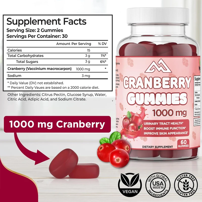 

Cranberry gummies for urinary health 1000mg - supports bladder, kidney, and urinary tract vegetarianism (Cranberry 60 gummies)