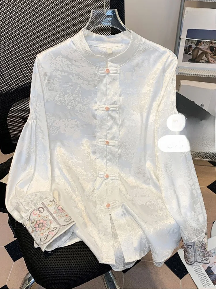 

Ele Embroidered White irt for Women Spring Autumn Sle Chinese New School Button up Long Sve Loose Fit Busin Casual