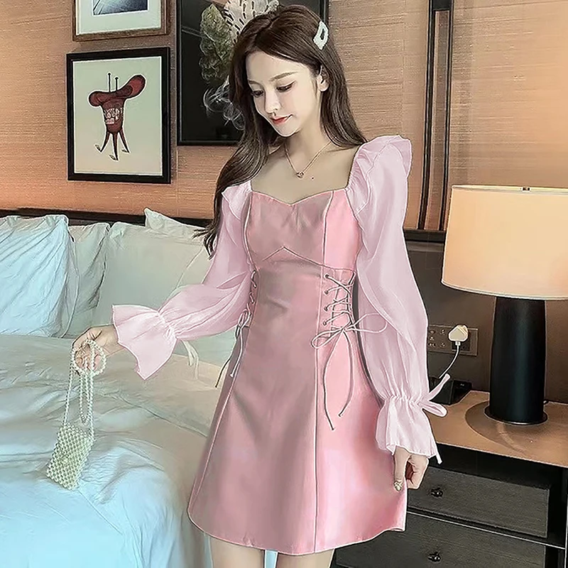 Mini Vintage Dress Women Square Collar Elegant Korean Long Sleeve Casual Dresses Sweet Pink Short Skirt