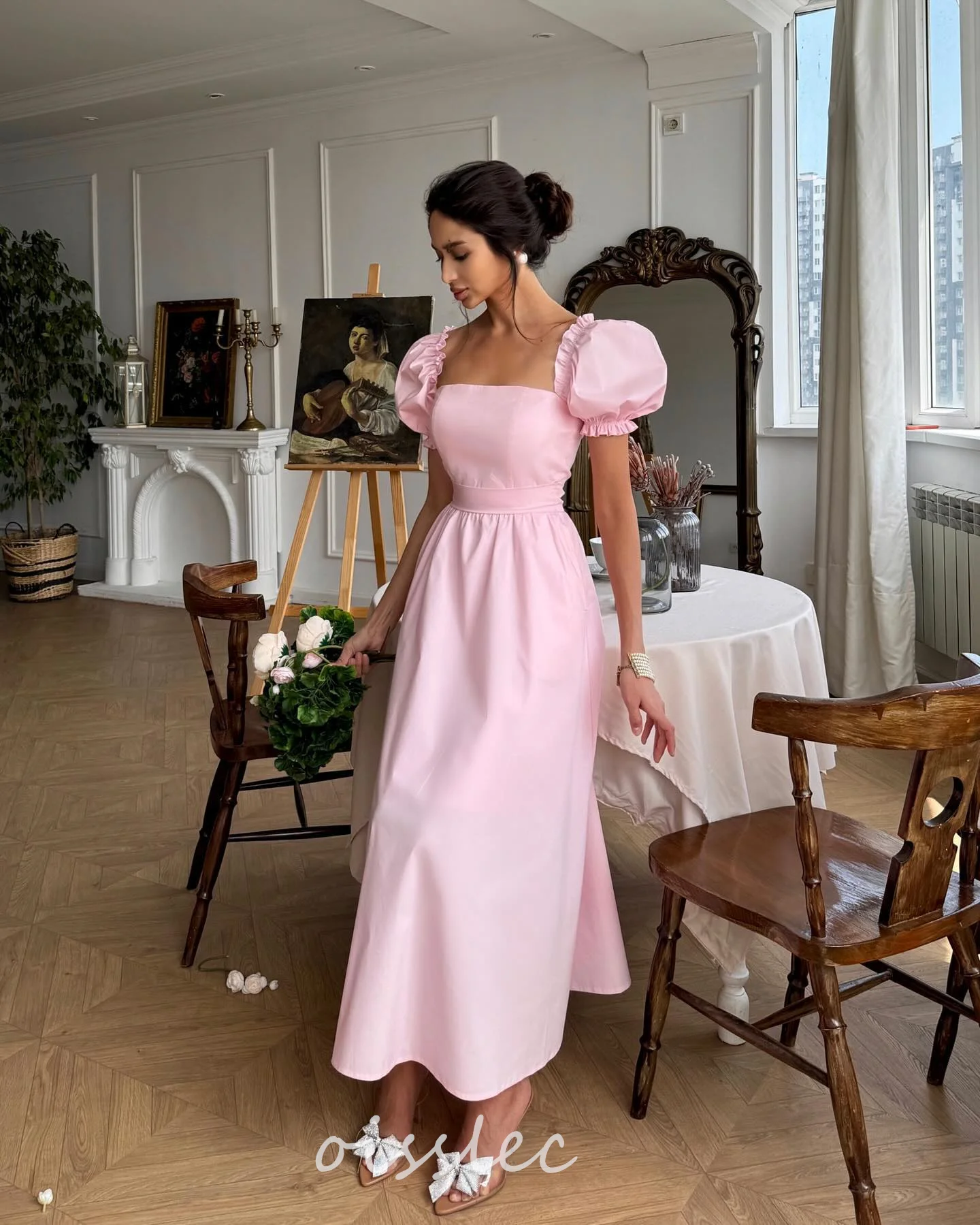 

Oisslec Pink Prom Dresses Princeces French Square Collar Homecoming Party Dress A Line Satin Evening Bride Vestidos De Gala