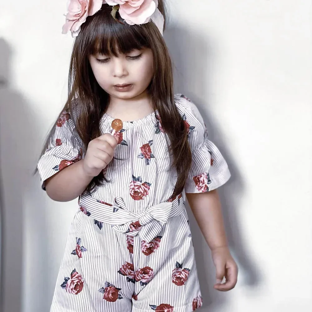 PatPat Toddler Girls Striped Floral Print Bow Romper Soft and Comfortable  Perfect for Outings and Daily Wear Basic Style