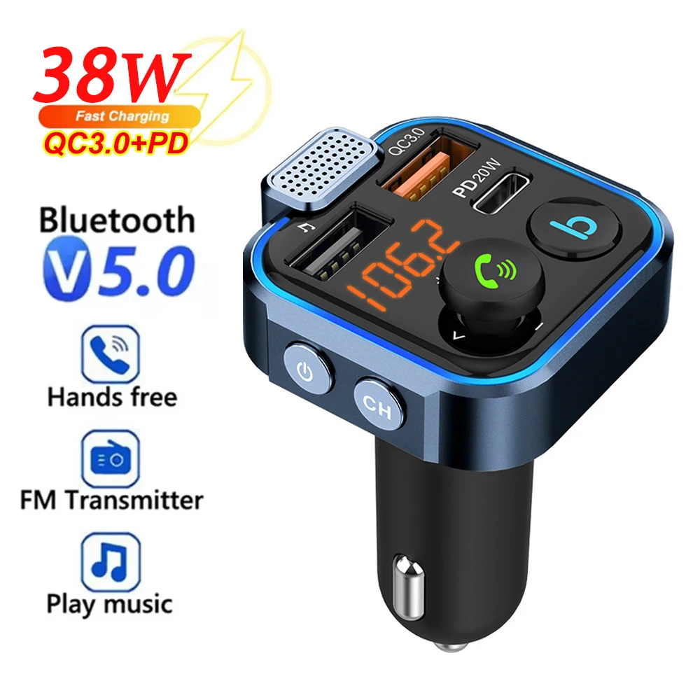 FM 송신기 무선 블루투스 5.0 핸즈프리 자동차 키트, 오디오 MP3 플레이어, C타입 PD 20W + QC3.0 고속 USB 충전기 어댑터 