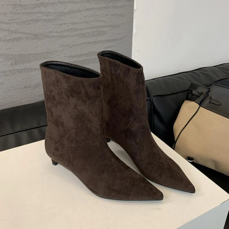 Moda de otoño, botines Vintage con punta estrecha de alta calidad, zapatos sexis finos de tacón bajo para mujer, zapatos cálidos de caballero sin cordones para fiesta