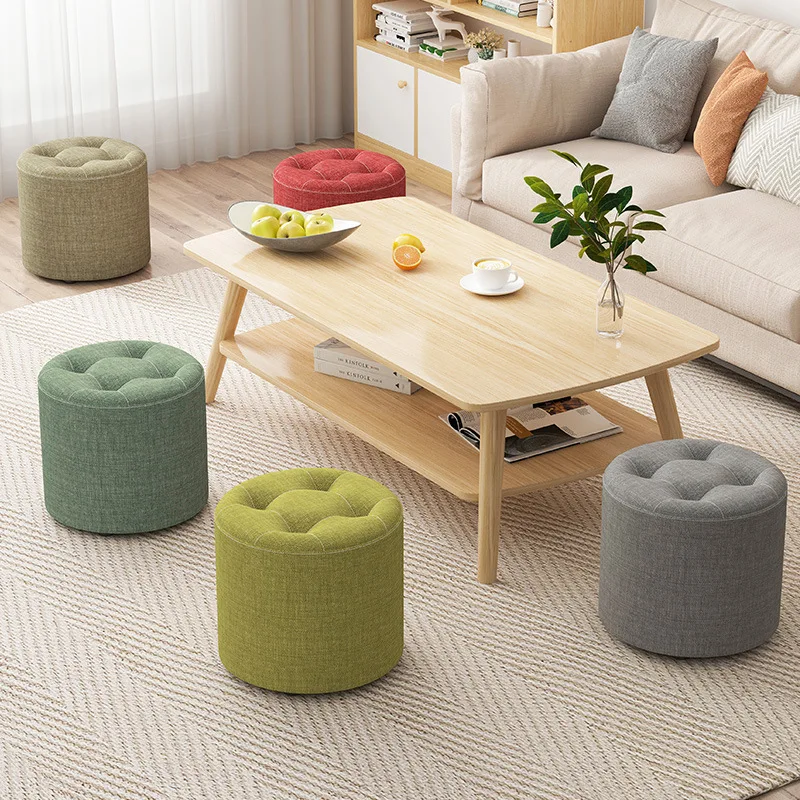 Solid Wood Small Fabric Round Stool, Simple and Modern Creative Living Room, Anti Slip and Foldable Low Stool Sitting on A Stool