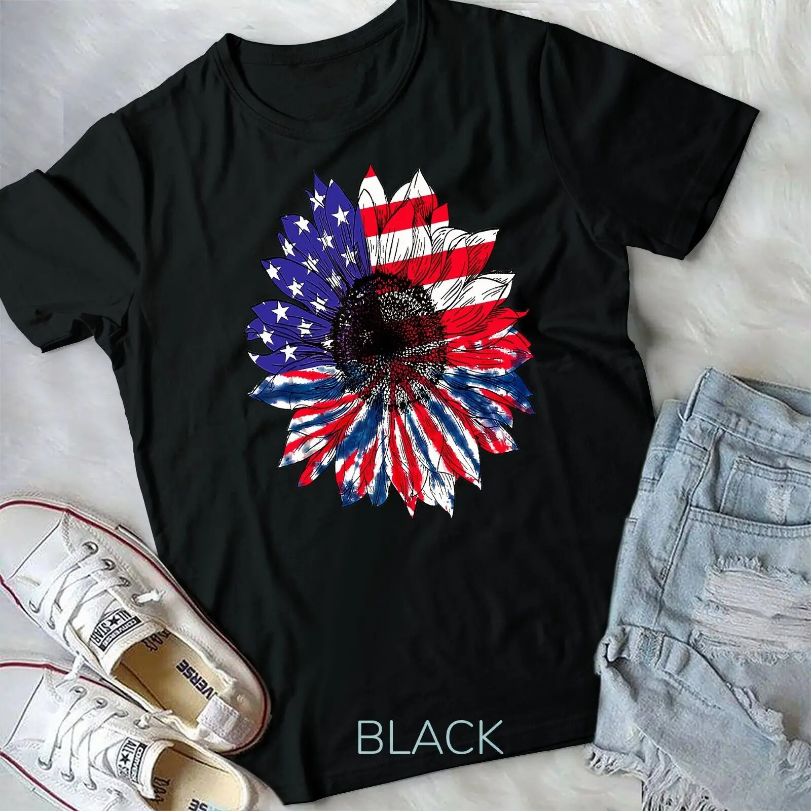 American Flag Sunflower Red White Blue Tie Dye 4th Of July Unisex T-shirt