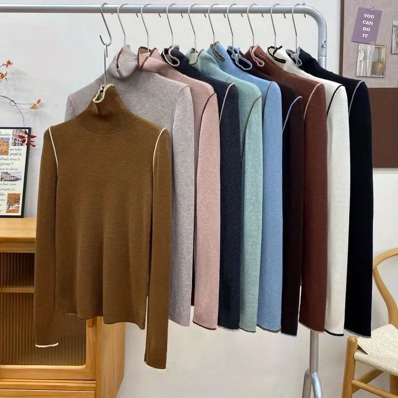 

Autumn Winter Women Color Block Turtleneck Sweater Blend Wool Plush Knit Layering Knitwear Top